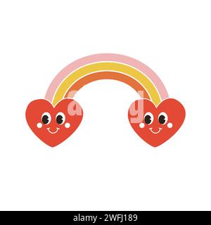 Vektor groovige Cartoon Retro farbiger Regenbogen mit Herzen isoliert auf weißem Hintergrund Stock Vektor