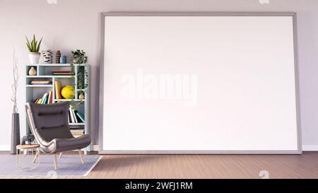 Wohnzimmer mit leerem Bilderrahmen auf Holzboden 3D-Darstellung 3D-Illustration Stockfoto