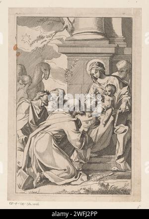 Anbetung von de Koningen, Carlo Maratta (abgelehnte Attribution), nach Carlo Maratta, 1635–1713 Druck Maria sitzt auf ihrem Schoß mit dem Christuskind. Joseph ist hinter ihnen. Die drei Könige knien vor dem Christkind. Ein Kamel im Hintergrund. Druckerei: Romeprintmacher: Italien Druck von: Rom Papierätzung Anbetung der Könige: Die Weisen überreichen ihre Geschenke an das Christuskind (Gold, Weihrauch und Myrrhe) (+ Spender, Bittsteller, auch mit schutzheiligen) Stockfoto