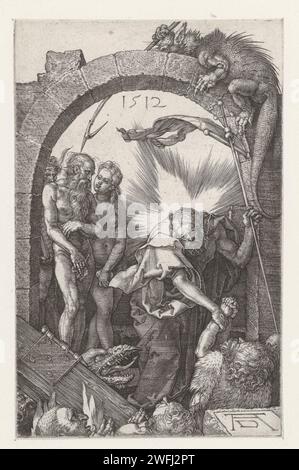 Der Abstieg in die Breken, Albrecht Dürer, 1512 Druck Christus, ein Stab mit einer Schaufel in der Hand, befreit eine Gruppe von Seelen aus einem Kerker. Die Teufel versuchen das vergeblich zu verhindern. Adam und Eva sind schon vor dem Hellepoort. Dieser Abdruck ist Teil einer Serie von 16 Abzügen mit Szenen aus der leidenden Geschichte. Nürnberger Papier, in dem Christus die Hölle verlässt: Er befreit Patriarchen, Propheten, Könige und andere Personen aus der Hölle, darunter Adam, Eva, Mose, David, und Johannes der Täufer Stockfoto