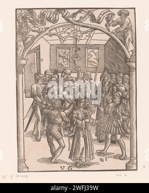 Die Entdeckung Christi durch Soldaten und Judas, der die Silberlinge zurückbringt, Anonym, Urs Graf, 1506 Druckpapier Judas, bevor der Sanhedrin die Silberstücke zurückgibt; er wirft das Geld zu Boden. In Pilatus Palast wird Christus von Soldaten verspottet (Lukas 22:63-65) Stockfoto