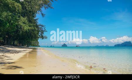 Der Strand von Koh Kradan Island Thailand, entspannender Strand mit einem türkisfarbenen Meer. Wunderschöner Sommerstrand mit weißem Sand, klarem Wasser und blauen s Stockfoto