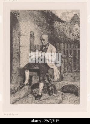 Mann saß vor seiner Tür, die Zeitung liest: Théodore Gérard, 1874 gedruckte Brüsseler Zeitung. Ätzzeitung, Zeitungsblatt. Erwachsener Mann. Messwert. Garten. Hund Stockfoto