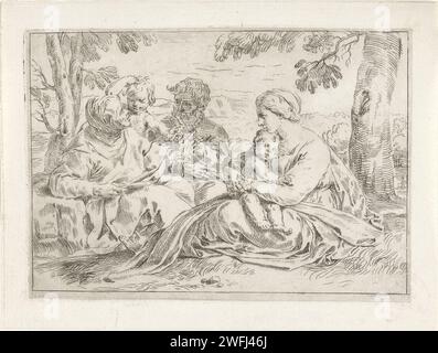 Heilige Familie mit Elisabet und dem jungen Johannes de Boper, Simone Cantarini, 1622–1648 Druck die Heilige Familie sitzt zusammen mit Elisabet und dem jungen Johannes dem Täufer in einer Landschaft. Italien Papier, das die Heilige Familie ätzt, und abgeleitete Darstellungen. Heilige Familie mit Johannes dem Täufer, Elisabeth anwesend Stockfoto