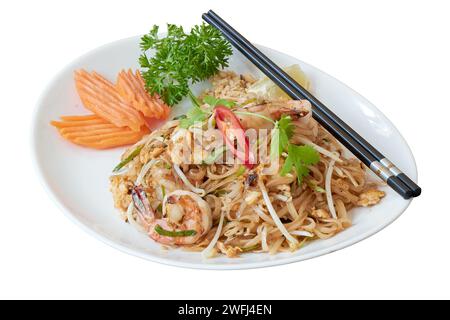 Teller mit asiatischen hausgemachten Speisen isoliert auf weiß Stockfoto
