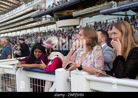 Ascot, Berkshire, Großbritannien. Oktober 2023. Racegoer beobachten die Stakes von Troy Asset Management Noel Murless auf der Ascot Racecourse beim Herbstrennen-Freitag-Meeting. Kredit: Maureen McLean/Alamy Stockfoto