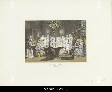 Gesellschaft am Tisch, die mit Palmenknöpfen beschäftigt ist, Emrik & Binger, nach Bernard Picart, 1857 - 1864 Druck vorstellbar ist eine Heiratsnutzung aus dem achtzehnten Jahrhundert. Männer und Frauen, Freunde und Familie des Verlobten Ehepaares, stehen und sitzen um einen Tisch und sind beschäftigte Knoten von Blumen- und Blattkränzen. Sie schmückte den Raum, in dem die Hochzeit am nächsten Tag stattfand. Druckmaschine: Haarlem Drucker: HaarlemaFter Drucken von: Amsterdam Papierbäume: Palme (+ Blatt). Mitglieder der Brautparty Stockfoto