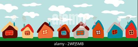 Karikatur kindliche Häuser auf dem Hintergrund des blauen Himmels mit Wolken. Verschiedene Farben flache Gebäude mit Fenster und Kamin auf der Dorflandschaft. Horiz Stock Vektor