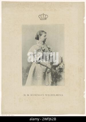 Porträt der Wilhelmina, Königin der Niederlande, 1896 Fotomechanischer Druck Porträt der Wilhelmina. In der Mitte einer Krone. Am unteren Rand ihres Namens und ihres Titels. Kollotyp aus Papier in den Niederlanden Stockfoto