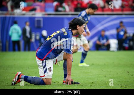 Doha, Katar, 31. Januar 2024, AFC Asian Cup 2023 Achtelfinale: Bahrain gegen Japan 1:3, Ritsu Doan, Takefusa Kubo und Ayase Ueda Ergebnis für Japan Stockfoto