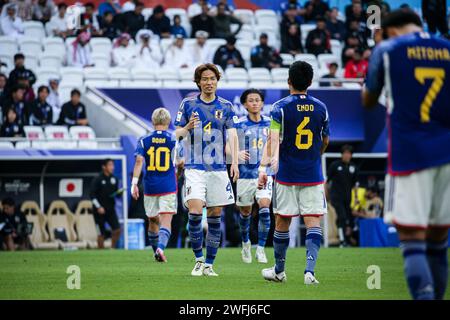 Doha, Katar, 31. Januar 2024, AFC Asian Cup 2023 Achtelfinale: Bahrain gegen Japan 1:3, Ritsu Doan, Takefusa Kubo und Ayase Ueda Ergebnis für Japan Stockfoto