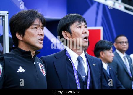 Doha, Katar, 31. Januar 2024, AFC Asian Cup 2023 Achtelfinale: Bahrain gegen Japan 1:3, Ritsu Doan, Takefusa Kubo und Ayase Ueda Ergebnis für Japan Stockfoto