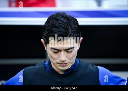 Doha, Katar, 31. Januar 2024, AFC Asian Cup 2023 Achtelfinale: Bahrain gegen Japan 1:3, Ritsu Doan, Takefusa Kubo und Ayase Ueda Ergebnis für Japan Stockfoto