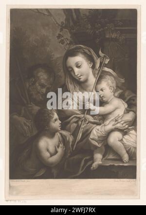 Heilige Familie mit Johannes de Boper, Charles Phillips, nach Sebastiano Conca, 1747–1773 Druck Londoner Zeitung Mary, das Christkind und Johannes der Täufer (als Kind) mit anderen Stockfoto
