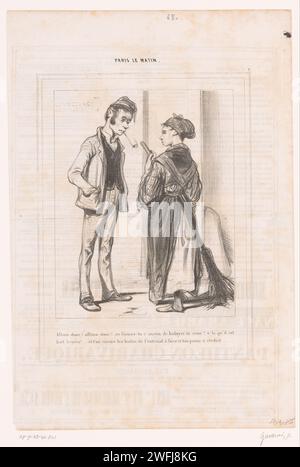Mädchen mit Besen erhält Aufträge von ihrem Vater, Paul Gavarni, 1839 Druck Paris Papier Straße fegen, Straßenfeger. Vater mit Sohn(en) und Tochter(en) (Vater-Liebe). Innenhof Stockfoto