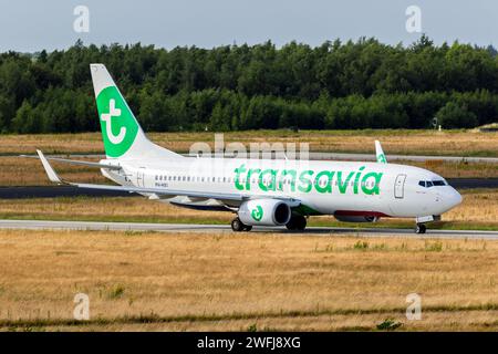 Transavia Airlines Boeing 737 Passagierflugzeug, das am Flughafen Eindhoven ankommt. Niederlande - 22. Juni 2018 Stockfoto