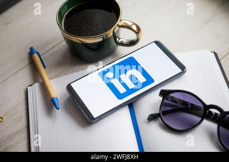 Polen. Januar 31, 2024. In dieser Abbildung wird ein LinkedIn-Logo auf einem Smartphone angezeigt. (Foto von Mateusz Slodkowski/SOPA Images/SIPA USA) *** ausschließlich für redaktionelle Nachrichten *** Credit: SIPA USA/Alamy Live News Stockfoto