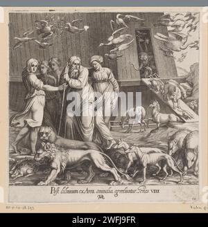 Noah verlässt die Arche, Francesco Villamena, nach Rafaël, 1626 gedruckt nach der Flut verlassen Noah und seine Familie die Arche zusammen mit den Tieren. Unten rechts nummeriert: 12. Hinweis auf Bibeltext in STUBMARGE. Print Maker: ItalyaFter Malerei von: Vatikan City Papiergravur / Ätzen der Ausschiffung  Geschichte von Noah (1. Mose 8:18 - 9:17) Stockfoto