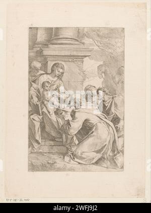 Anbetung von de Koningen, Carlo Maratta, 1635–1713 Druck Maria sitzt auf ihrem Schoß mit dem Christuskind. Joseph ist hinter ihnen. Die drei Könige knien vor dem Christkind. Ein Kamel im Hintergrund. Rom Papierätzung Anbetung der Könige: Die Weisen überreichen ihre Geschenke an das Christuskind (Gold, Weihrauch und Myrrhe) (+ Spender, Bittsteller, auch bei schutzheiligen) Stockfoto