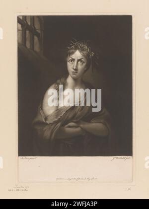 Frau in Zelle mit Zweigen im Haar, runzeligen Augenbrauen und großen Augen, James Mcardell, nach Robert Edge Pine, 1760 Druck die Frau drückt 'Wahnsinn' aus, der Titel des späteren Zustandes lautet 'Wahnsinn'. Londoner Papiergefangener in Zelle oder verschlossenem Ort. Wahnsinn - AA - weibliche menschliche Figur. Runzelte Augenbrauen Stockfoto