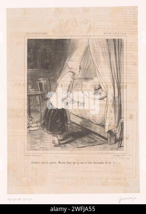 Die alte Frau spricht mit dem Hund im Bett, Paul Gavarni, 1846 Druck Paris Papier alte Frau. Hund. Bett Stockfoto