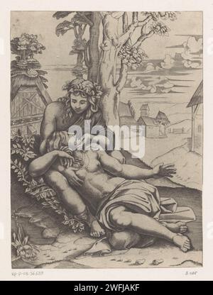 Venus en Adonis, venezianischer Agostino, nach Giulio Romano, 1500–ca. 1536 Druck Venus und Adonis (in der Vergangenheit als Angelica und Medoro beschrieben, zwei Charaktere aus Ludovico Ariostos Epos Orlando Furioso) als geliebte Menschen in einer Landschaft. Adonis sitzt auf dem Boden und der Kopf der Venus ist in seinem Schoß. Hinterließ im Hintergrund ein Holzhaus. Rechts eine Landschaft mit weiteren Gebäuden. Italien Papiergravur / Ätzung Angelica. Medoro. Venus und Adonis als Liebhaber Stockfoto