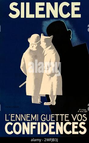 „Schweigen, L'Ennemi Guette Vos vertrauenswürdig“ [Schweigen, der Feind achtet auf Ihre Geheimnisse] 1939 französisches Poster, entworfen von Paul Colin (1892-1985), das die Bürger warnt, zu beobachten, was sie sagten, falls feindliche Spione zuhören sollten. Stockfoto