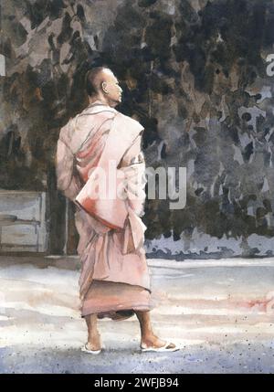 Aquarellmalerei Buddhistischer Mönch Phnom Penh Reise Essentials trendige Wandkunst Buddhismus Kambodscha Porträt Person (Druck) Stockfoto