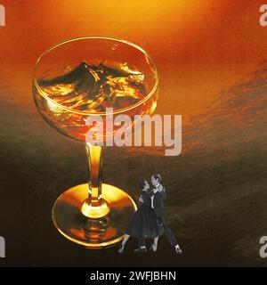 Fluss romantischer Emotionen. Schöne junge Frau in elegantem Kleid tanzt mit einem hübschen, stilvollen jungen Mann in der Nähe eines Cocktailglases. Stockfoto