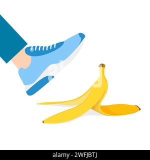 Ein Mann tritt auf eine Bananenschale. Bein rutscht aus. Vektordarstellung im trendigen flachen Stil, isoliert auf weißem Hintergrund. Stock Vektor