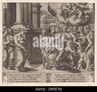 Psyche als Göttin, die vom Volk verehrt wird, Meister der Würfel, nach Michiel Coxie (i), ca. 1530 - ca. 1560 Druck links ist die Königstochter Psyche und rechts die Menschen, die ihre Opfer bringen. Oben rechts auf der eifersüchtigen Venus und ihrem Sohn Amor. Italienischer Text in zwei Kartuschen in STUDMARGE. Unten links nummeriert: 3 und 2. Der italienische Papierstich Psyche, verehrt als Göttin, befällt Venus' Wut Stockfoto