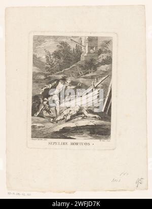 Mann mit Laterne und Hund entdeckt eine Leiche in einer Landschaft, Laurent Cars, nach Michel Francois Dandré-Bardon, 1710–1771 Druck Frankreich Papierätzung / Gravur Finden einer Toten. Die Leiche. Die (sieben) Akte der Barmherzigkeit. Laterne Stockfoto