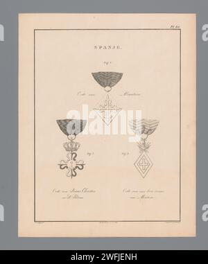 Drei Ritter aus Spanien, Willem Charles Magnenat, nach J. Bischoff 1843 sind der Orden von Alcántara, der Orden Jesu Christi und Petrus und der Orden unserer Lieben Frau von Montesa ausgestellt. Oben rechts nummeriert: pl. 40. Amsterdamer Papierritterschaft befahl Spanien Stockfoto