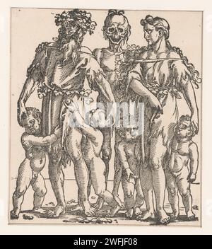 Adam mit Eva und Kindern und mit dem Tod als Skelett, Anonym, nach Hans Sebald Beham, 1530 Druckpapier Personifizierungen des Todes; 'Morte' (Ripa). Adam und Eva (nicht im biblischen Kontext) Stockfoto