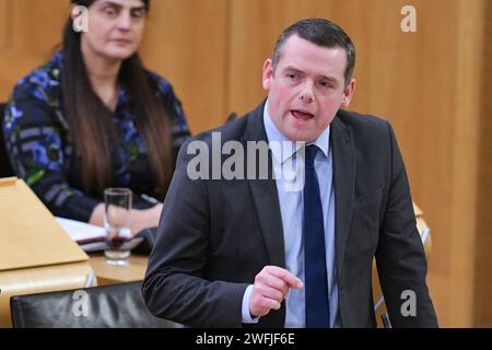Edinburgh Scotland, UK 31 Januar 2024 Douglas Ross MSP spricht im schottischen Parlament während der Debatte der schottischen Konservativen und Unionistischen Partei über die COVID-19-Inquiry Revelations des Vereinigten Königreichs. Credit sst/alamy Live News Stockfoto