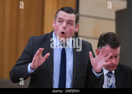 Edinburgh Scotland, UK 31 Januar 2024 Douglas Ross MSP spricht im schottischen Parlament während der Debatte der schottischen Konservativen und Unionistischen Partei über die COVID-19-Inquiry Revelations des Vereinigten Königreichs. Credit sst/alamy Live News Stockfoto