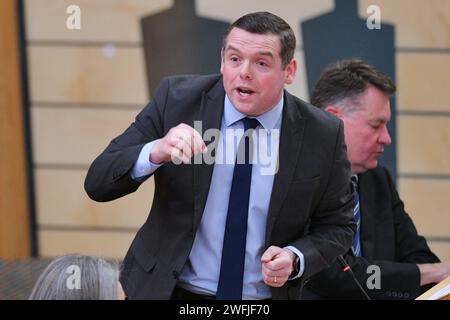 Edinburgh Scotland, UK 31 Januar 2024 Douglas Ross MSP spricht im schottischen Parlament während der Debatte der schottischen Konservativen und Unionistischen Partei über die COVID-19-Inquiry Revelations des Vereinigten Königreichs. Credit sst/alamy Live News Stockfoto