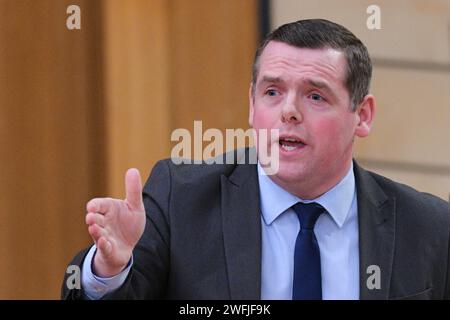 Edinburgh Scotland, UK 31 Januar 2024 Douglas Ross MSP spricht im schottischen Parlament während der Debatte der schottischen Konservativen und Unionistischen Partei über die COVID-19-Inquiry Revelations des Vereinigten Königreichs. Credit sst/alamy Live News Stockfoto