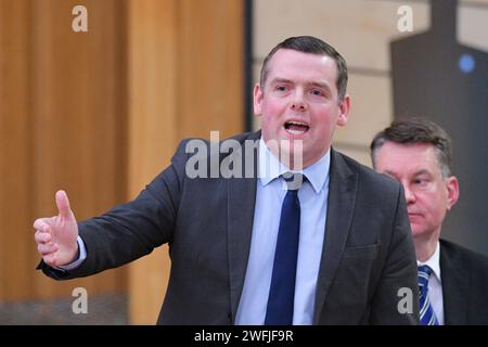 Edinburgh Scotland, UK 31 Januar 2024 Douglas Ross MSP spricht im schottischen Parlament während der Debatte der schottischen Konservativen und Unionistischen Partei über die COVID-19-Inquiry Revelations des Vereinigten Königreichs. Credit sst/alamy Live News Stockfoto