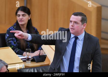 Edinburgh Scotland, UK 31 Januar 2024 Douglas Ross MSP spricht im schottischen Parlament während der Debatte der schottischen Konservativen und Unionistischen Partei über die COVID-19-Inquiry Revelations des Vereinigten Königreichs. Credit sst/alamy Live News Stockfoto