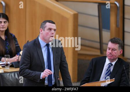 Edinburgh Scotland, UK 31 Januar 2024 Douglas Ross MSP spricht im schottischen Parlament während der Debatte der schottischen Konservativen und Unionistischen Partei über die COVID-19-Inquiry Revelations des Vereinigten Königreichs. Credit sst/alamy Live News Stockfoto
