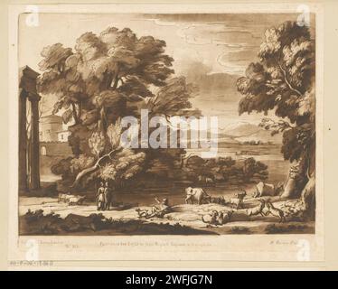 Landschaft mit ruhenden Hirten, zwei Hirten und Rindern auf dem Waterkant, Richard Earlom, nach Claude Lorrain, 1775 Druck London Papier ätzend Herde, Hirte, Hirte, Hirte, Hirte, Hirte, Hirtin, Hirtin, Hirtin, Hirtin, Hirtin, Hirtin, Kuhhirte usw. Rinder. Landschaft mit Ruinen - II - ideale Landschaften. see - HH - ideale Landschaften. Pastorale, arkadische Szenen Stockfoto