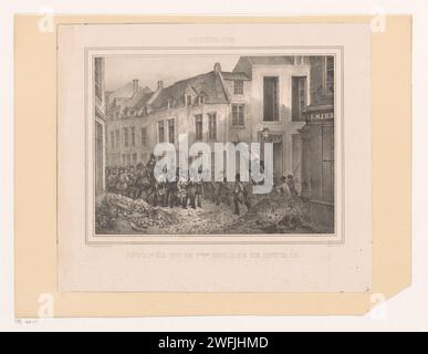 Barrikade im Leuvenseweg in Brüssel, 1830, Jean-Louis Van Hemelryck, 1830 drucken belgische Aufständische versammeln sich am 23. September 1830 im Leuvenseweg (Rue de Louvain) in Brüssel. Brüsseler Papierbarrikaden  Riot Brussels Stockfoto