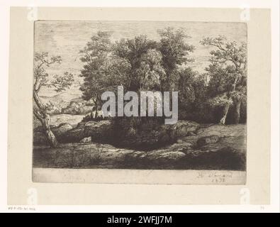 Figuren, die unter einem Baum am Waldrand ruhen, Hector Allemand, 1838 Druck Frankreich Papier Ätzen / Trockenwald, Holz. Sitzende Figur. Kuh Stockfoto