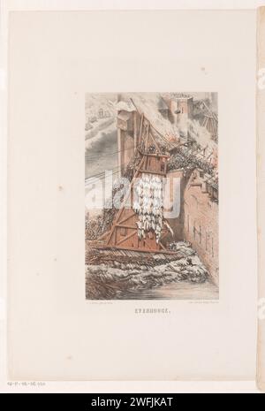 Houten-Angriffsturm, 12. Jahrhundert, David van der Kellen (1827–1895), 1857–1864 Druck hölzerner Angriffsturm, von dem die Belagerer die Mauern einer Festung oder Burg stürmen können, 12. Jahrhundert. Haarlem Papiersiege. Belagerungsarme, z. B.: Racking RAM Netherlands Stockfoto