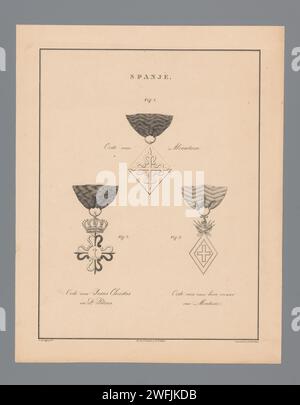 Drei Ritter aus Spanien, Willem Charles Magnenat, nach J. Bischoff 1843 sind der Orden von Alcántara, der Orden Jesu Christi und Petrus und der Orden unserer Lieben Frau von Montesa ausgestellt. Amsterdamer Papierritterschaft befahl Spanien Stockfoto