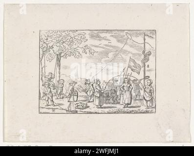 Kinder, die draußen mit verschiedenen Spielzeugen spielen, Hendrik Numan, 1746 - 1788 Druck Haarlem Paper Boy (Kind zwischen Kleinkind und Jugend). Mädchen (Kind zwischen Kleinkind und Jugend). Spiele mit speziellen Gegenständen (Marmor, Oberteil, Reifen usw.). (Fliege einen) Drachen. (Bowling A) Ring. Schaukeln (Kinderspiel). Seilspringen. „jeu de volant“, Badminton Stockfoto