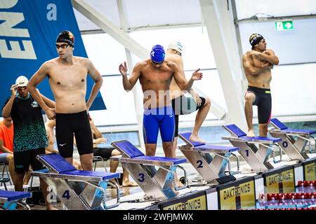 26. Januar 2024, Santiago, Chile: Schwimmer nehmen an den nationalen Sommer-Schwimmmeisterschaften 2024 Teil, die im Olympiapool des Nationalstadions stattfanden und die herausragendsten Athleten der Disziplin zusammenbrachten. Santiago de Chile (Credit Image: © Israel Chavez/ZUMA Press Wire) NUR ZUR REDAKTIONELLEN VERWENDUNG! Nicht für kommerzielle ZWECKE! Stockfoto