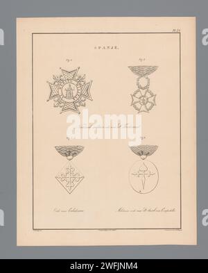 Vier Ritter aus Spanien, Willem Charles Magnenat, nach J. Bischoff, 1843 gedruckt an den beiden obersten Auszeichnungen des Ordens der Sint Ferdinand. Unten links der Orden von Calatrava und auch der Orden des Heiligen Jakob von Zwaard. Oben rechts nummeriert: pl. 39. Amsterdamer Papierritterschaft befahl Spanien Stockfoto