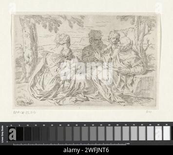Heilige Familie mit Elisabet und dem jungen Johannes de Boper, Simone Cantarini, 1622–1648 Druck die Heilige Familie sitzt zusammen mit Elisabet und dem jungen Johannes dem Täufer in einer Landschaft. Italien Papier, das die Heilige Familie ätzt, und abgeleitete Darstellungen. Heilige Familie mit Johannes dem Täufer, Elisabeth anwesend Stockfoto